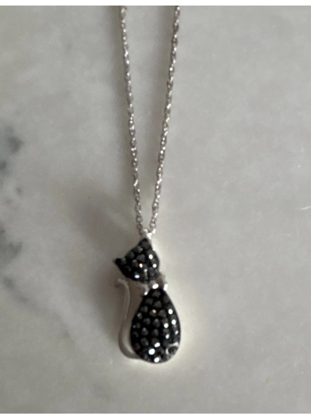 Silver Cat Pendant Necklace with Black Crystal Accents